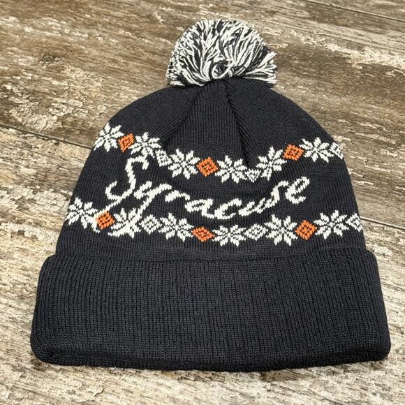 Syracuse Orange "S" Snowflake‎ Knit Pom Pom Beanie Hat Navy Fair Isle Cozy NEW - Picture 6 of 9